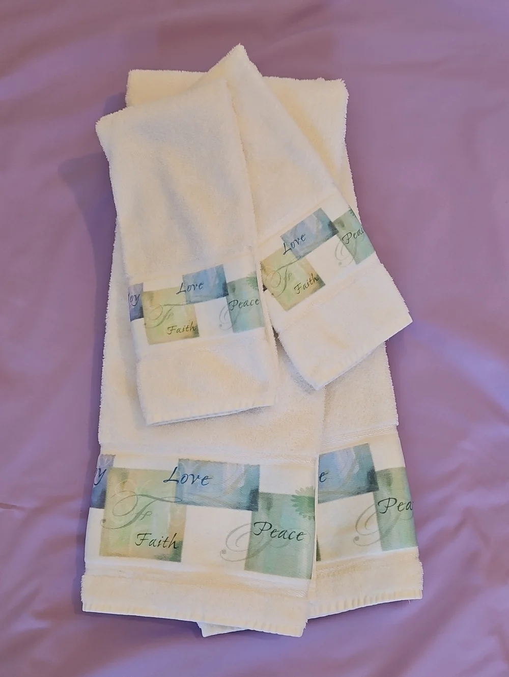 Saturday Knight Ltd. White Decorative Towels with Pastel Faith/Love/Peace Border